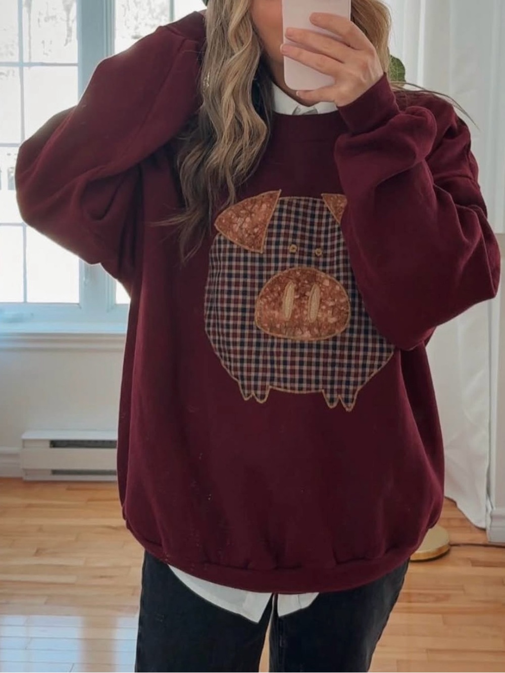 Maroon Pig Appliqué Sweatshirt